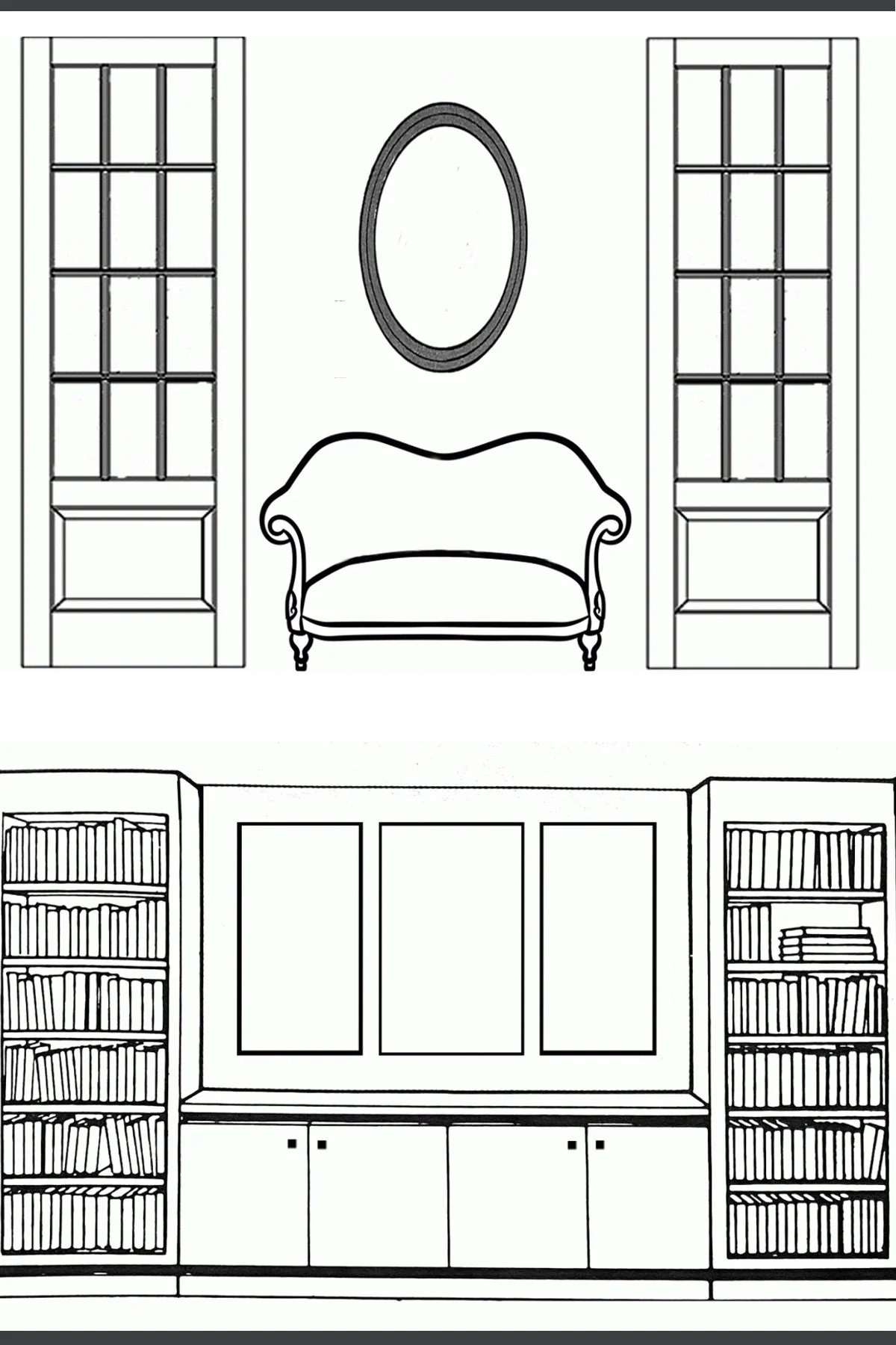 2 black and white line images showing how to hang art on a wall