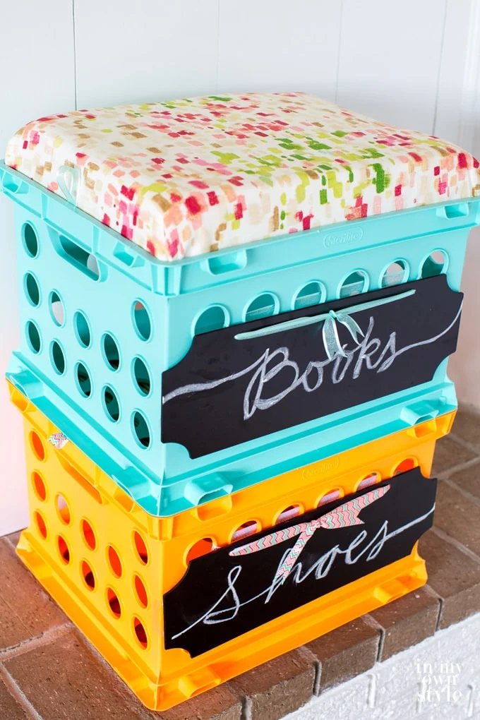 Stackable storage using plastic storage crates. Perfect for dorm room decor.