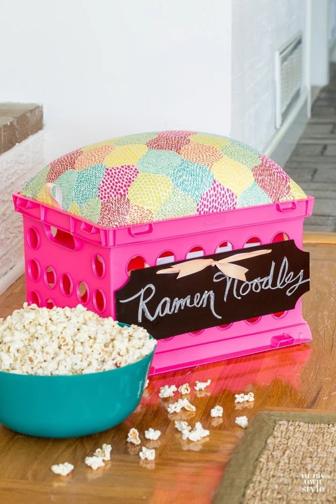 College dorm room storage idea using a stacking storage crate