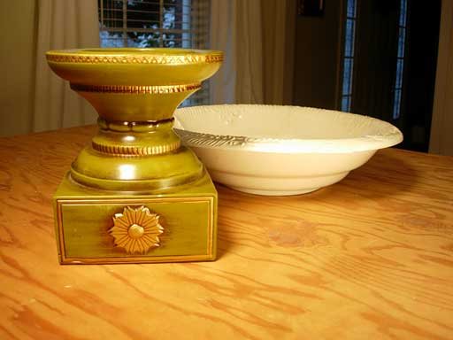 thrift store finds -base and bowl to be used to create an ornament bowl centerpiece