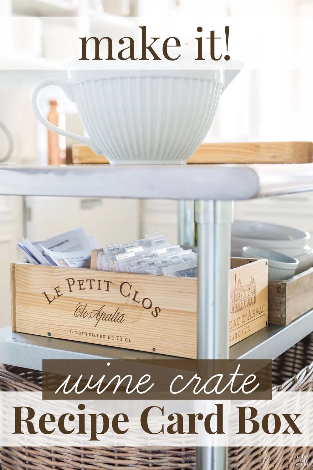 Kitchen island with recipe box on it. Text overlay says Make It! Wine crate recipe card box.