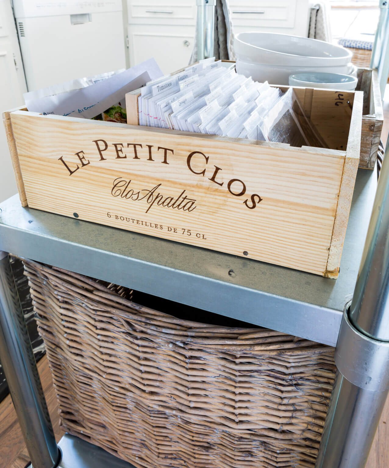Wood wine crates cut to size to make a diy recipe card holder.