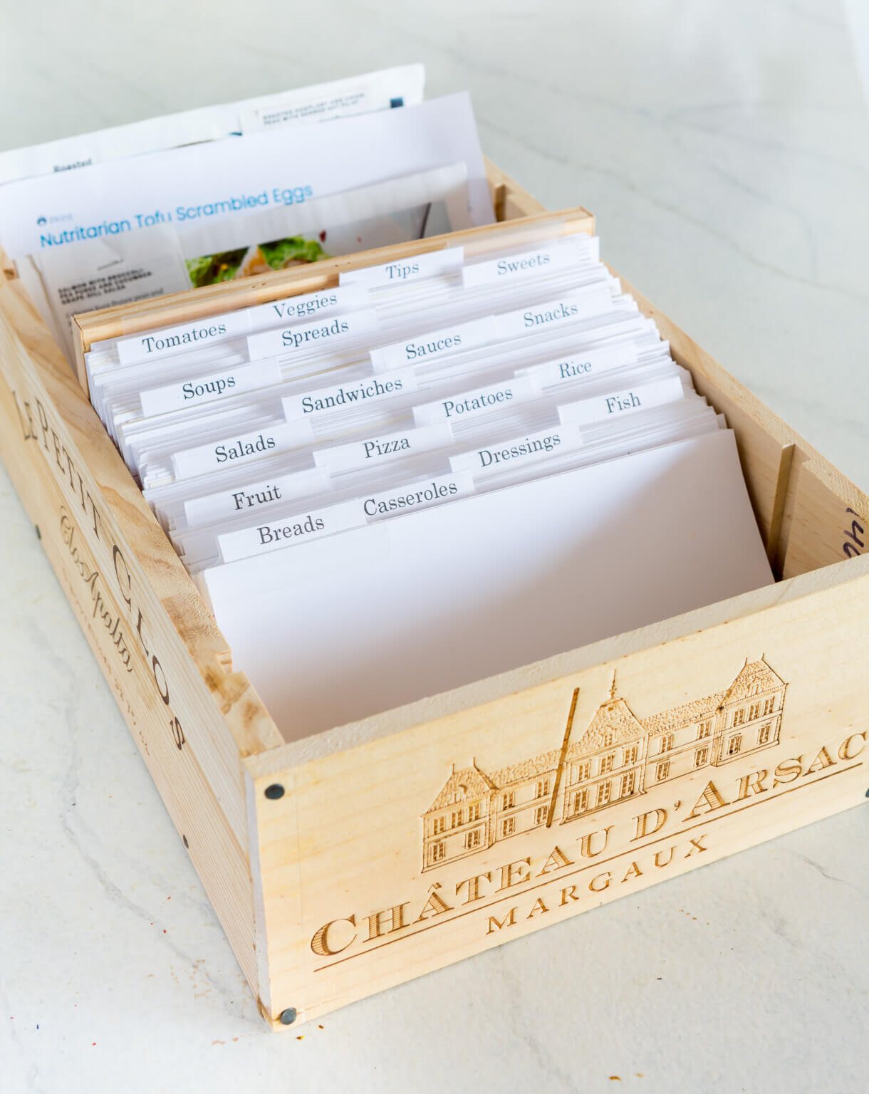 Clever idea upcycling a wine box in the kitchen to make a diy recipe holder card box.