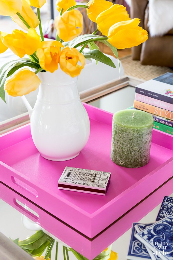 Spring decorating made easy and on a budget with this spring coffee table styling tray hack