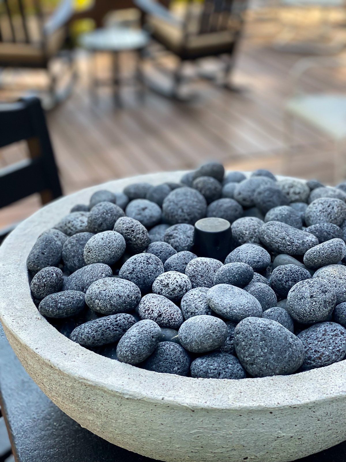 DIY tabletop fire bowl on table not in use. Cover is over wick.