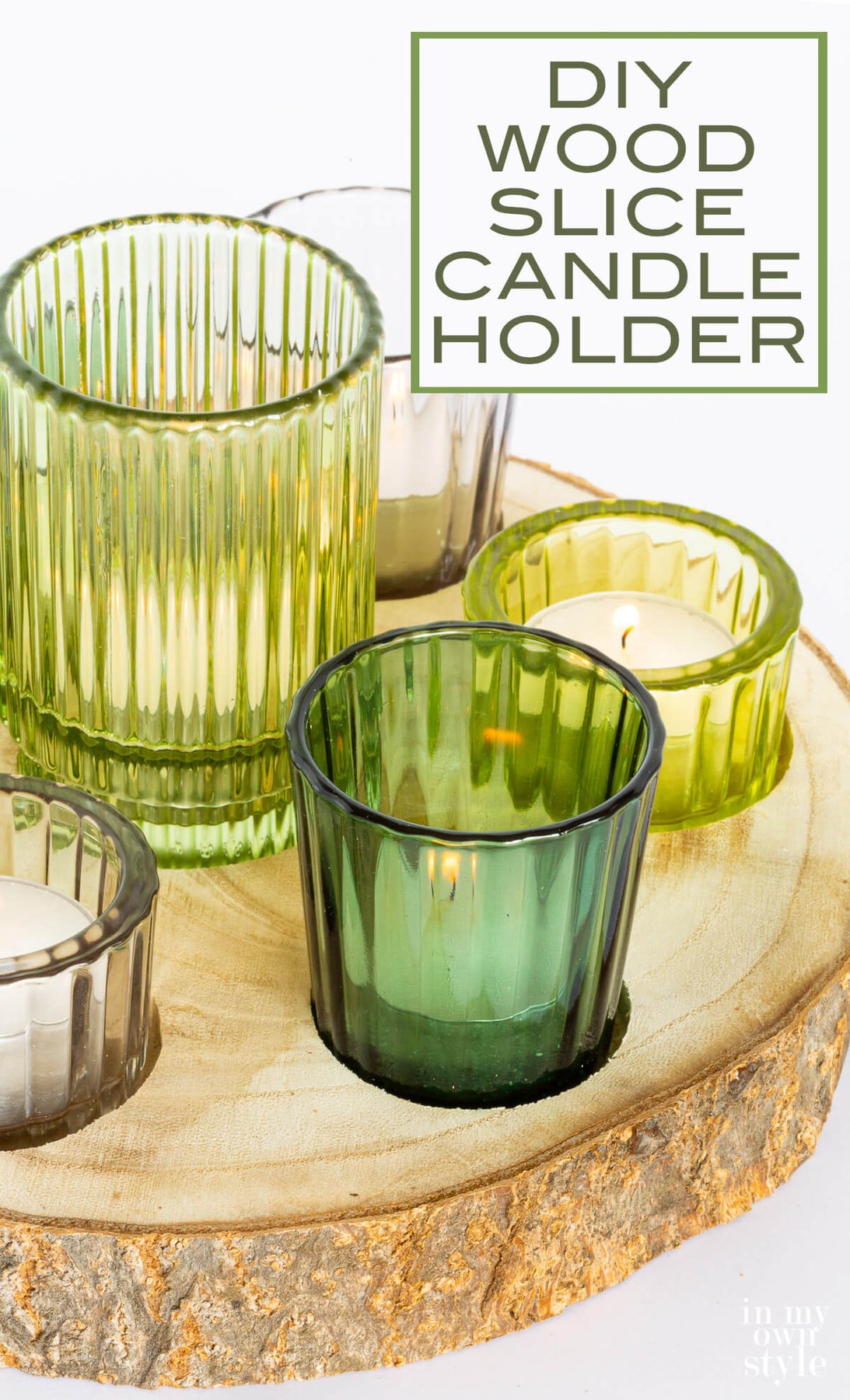 DIY Wood Slice Candleholder with ribbed green glass votives.