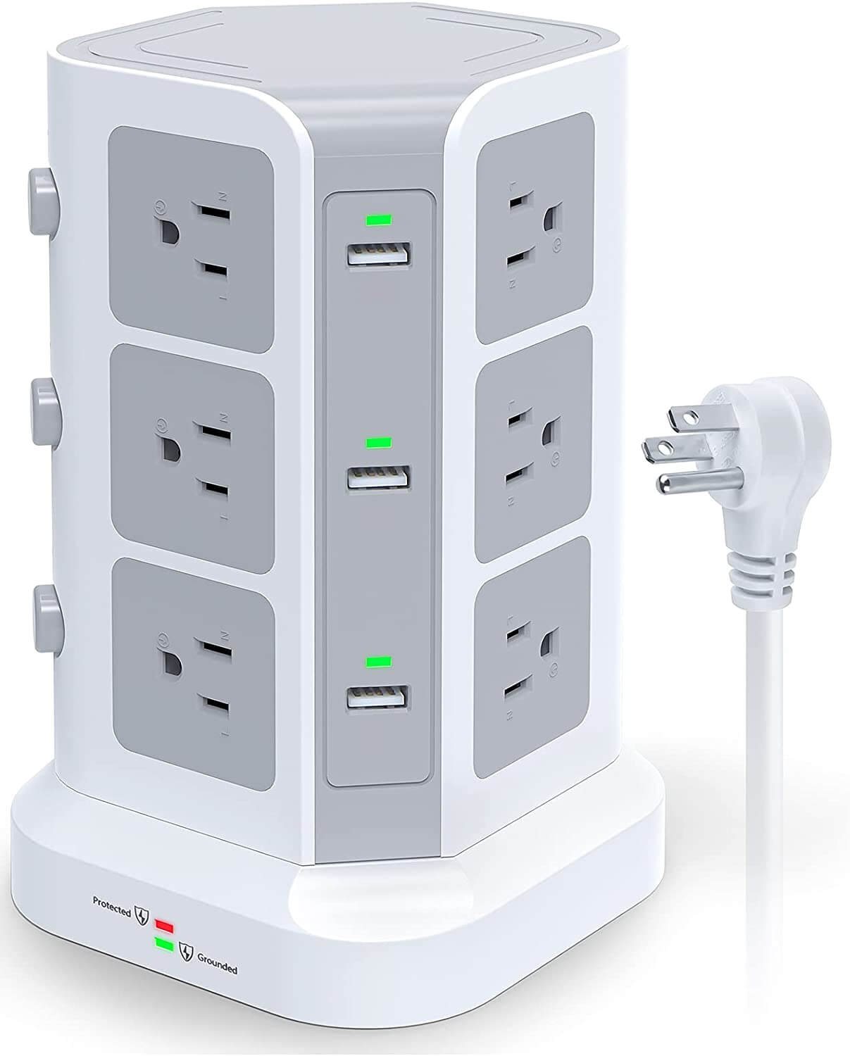 Power Strip tower for plugging in a lot of electrical cords in a dorm room.