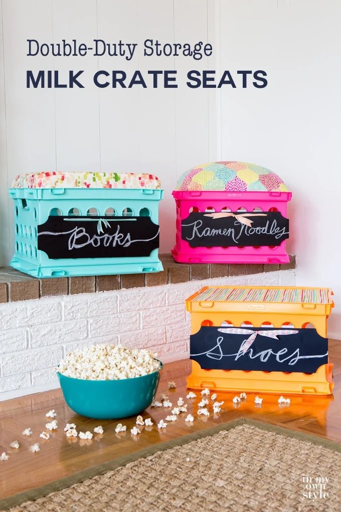 Double duty storage crate seats for dorm rooms. Using fabric and paint you can style up dorm rooms, classrooms, kids rooms and more using these milk crate storage crates. Step-by-step photo tutorial shows you how. Easy DIY