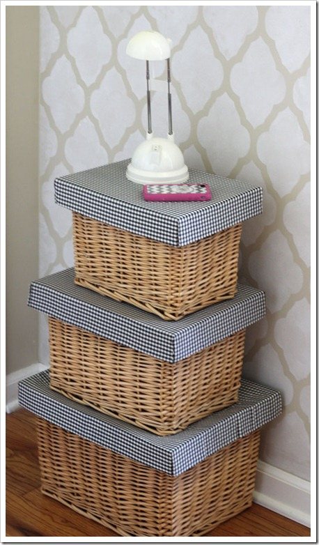 DIY Dorm room storage ideas using stacking wicker baskets that you make lids for. An easy DIY.