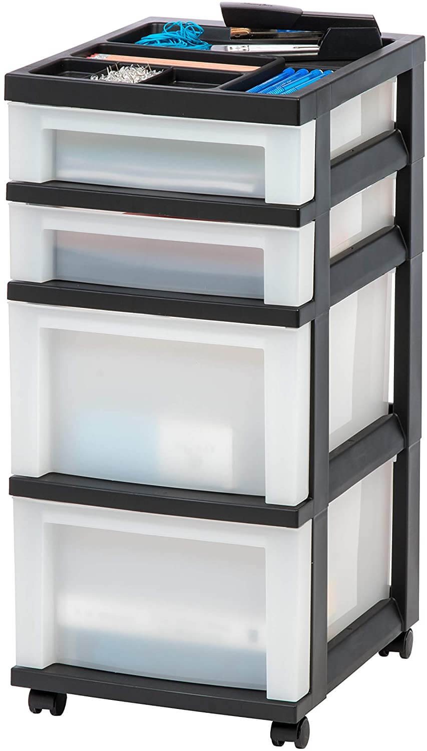 plastic rolling cart with drawers for dorm rooms.