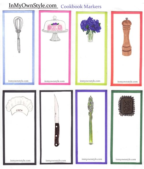 Free printable cookbook markers that are illustrated with kitchen tools and food.