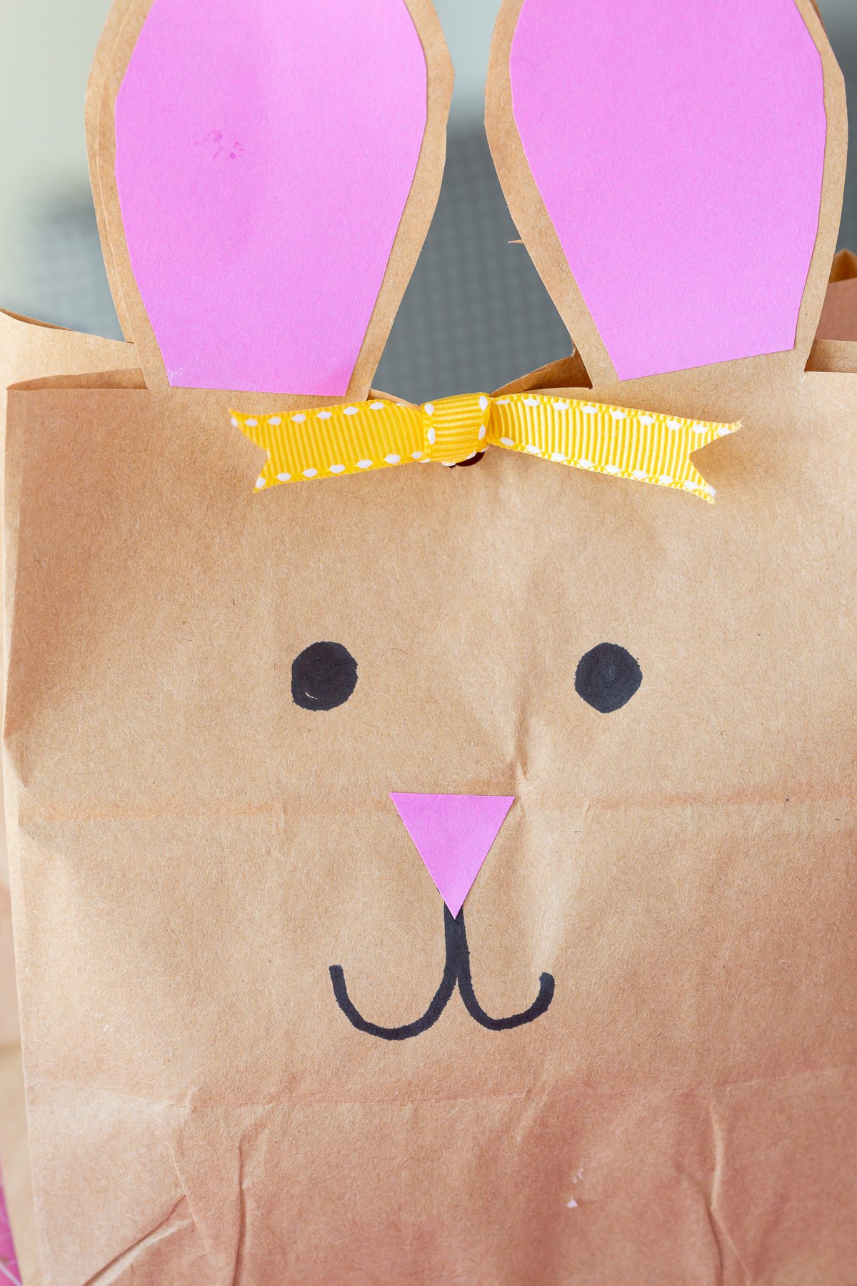 close up of easter bunny bag DIY face.