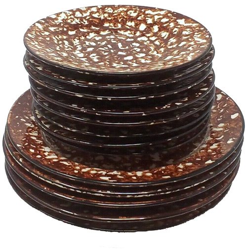 stack of sponge-pattern-stangal-town-and-country plates in brown and white