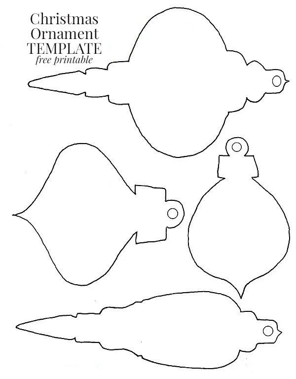 black and white line drawing of vintage shape Christmas tree ornaments.Paper-Christmas-Ornament-template-Free-Printable
