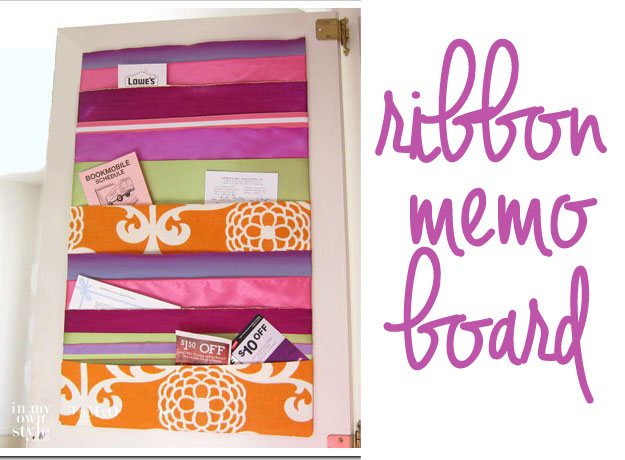Colorful Ribbon memo board inside a cabinet door.