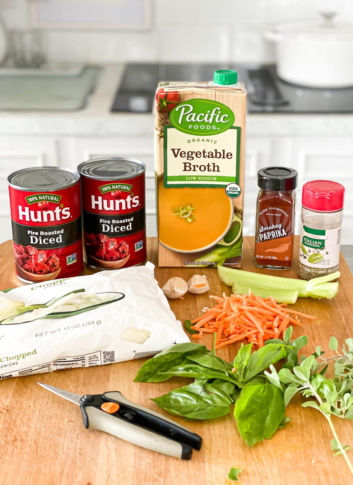 Ingredients needed to make Fire Roasted Vegan tomato soup.