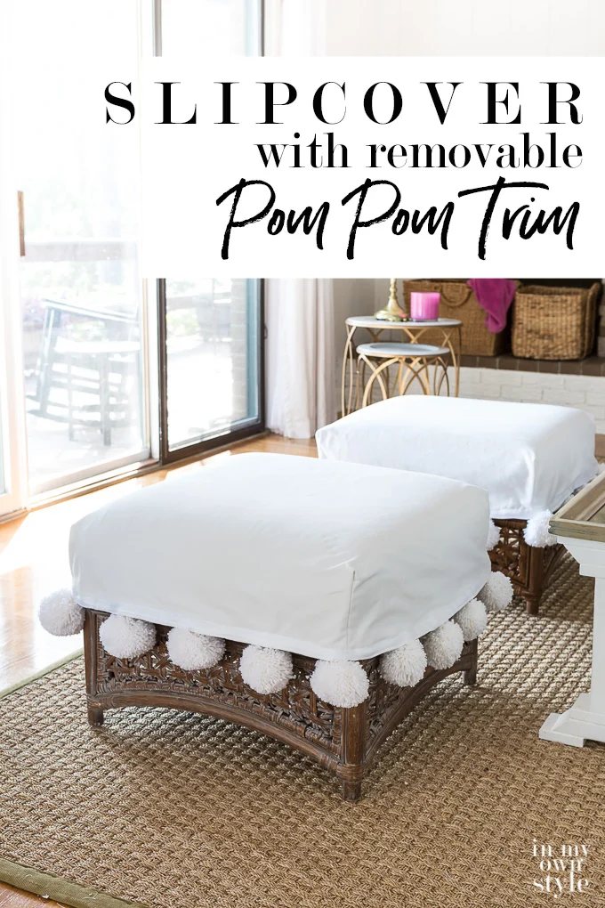 Make this fun and flirty pom pom trim for a slipcover. The pom poms are attached in a way that can be easily removed so you can launder the slipcover and not the pom pom trim. Easy home decorating project.