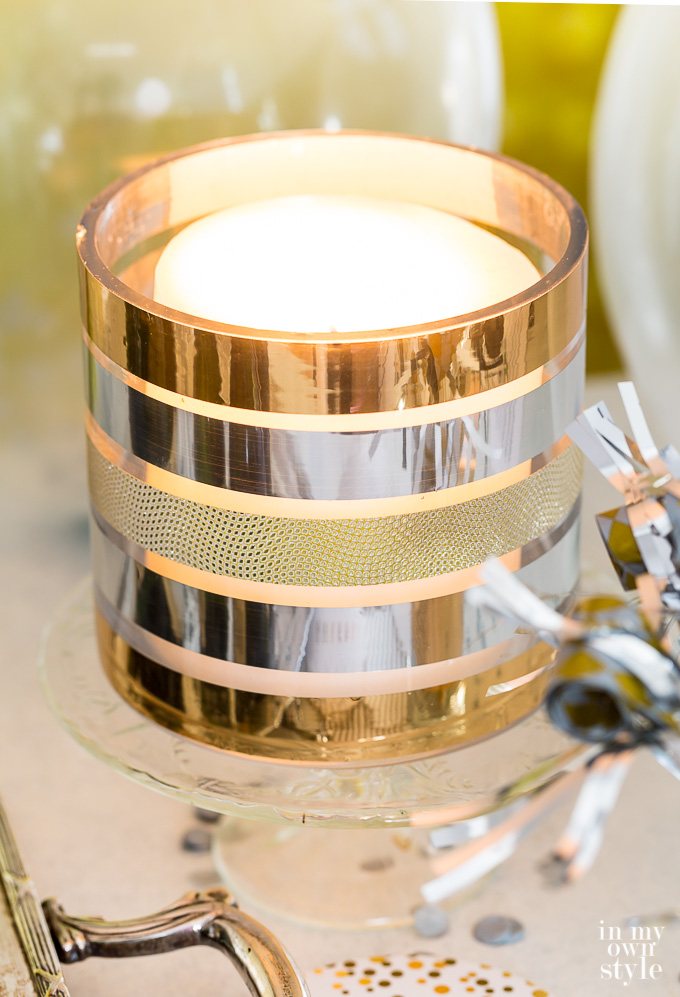 New Year's Eve Party Ideas -Metallic pillar candle holder