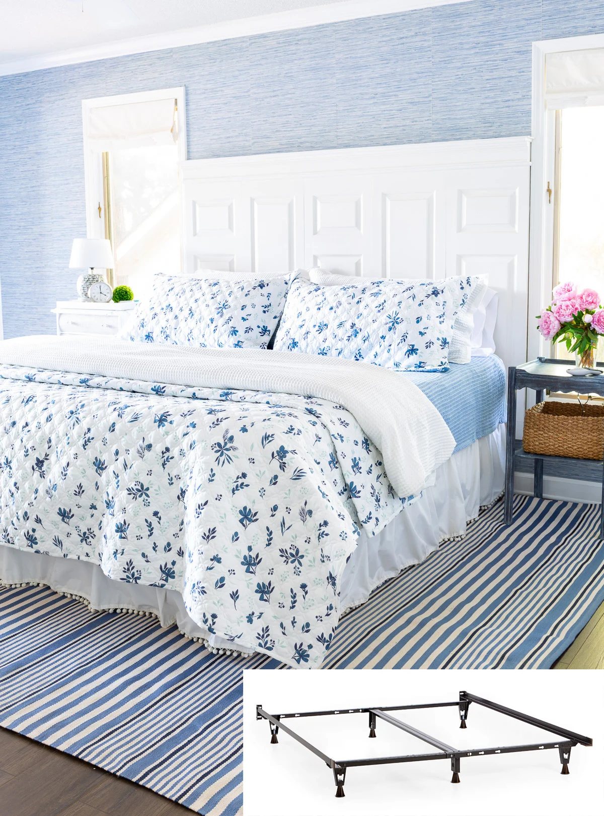 Bed with mattress and box spring that is on a standard adjustable metal bed frame with wheels.