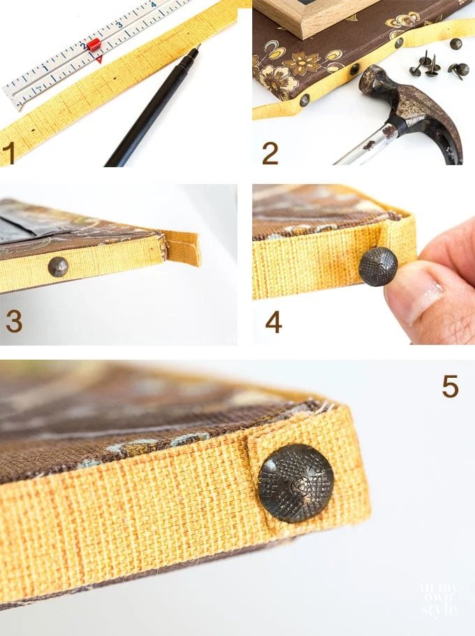 how to add nail heads and trim to a picture frame
