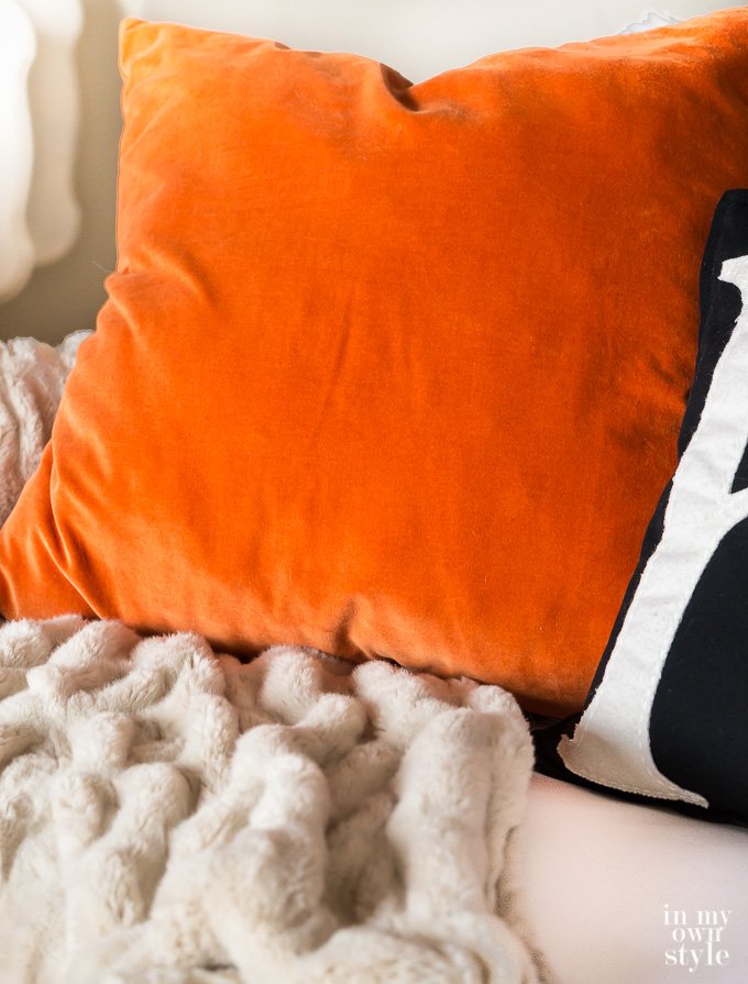 Orange Velvet pillow on sofa