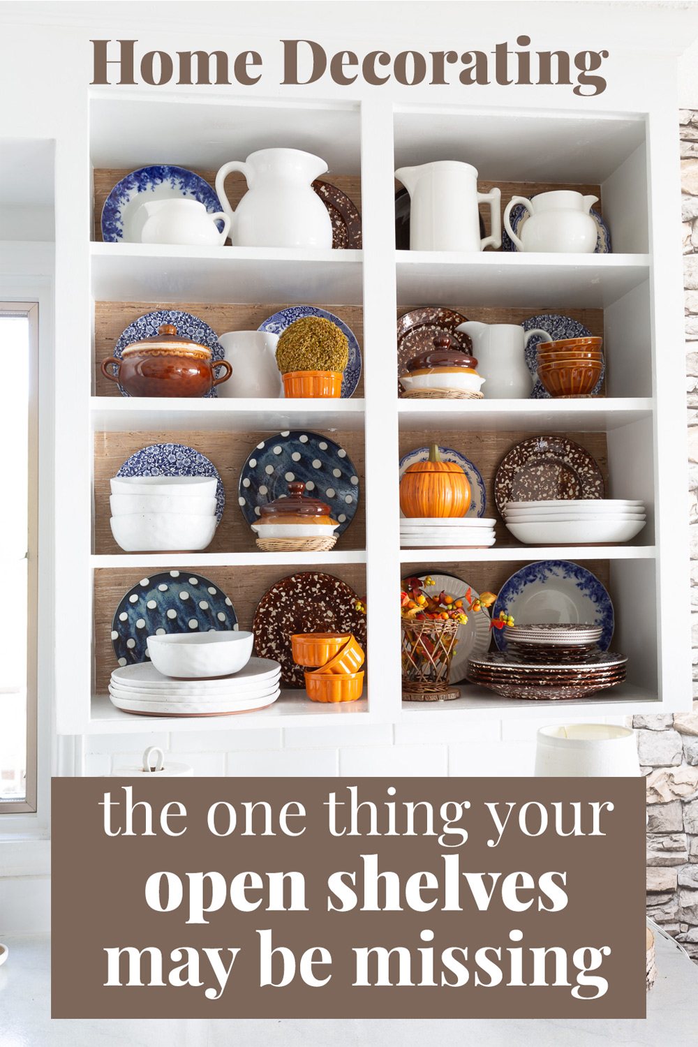 Home decor ideas for open shelves in a kitchen using wallpaper. It is the one thing your open shelving may be missing.