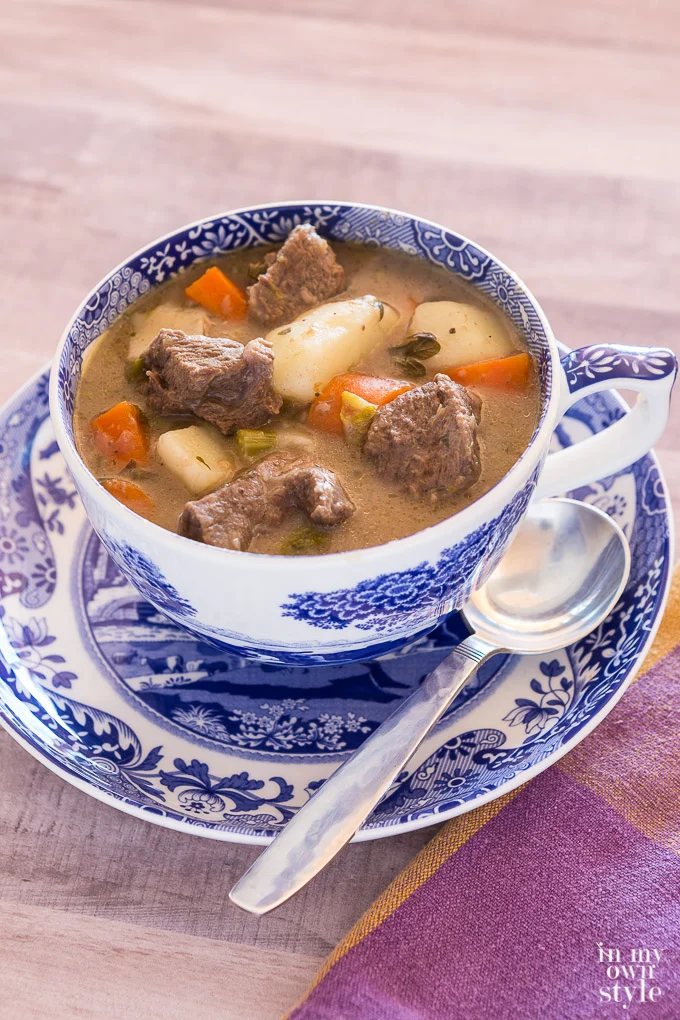 Best Beef Stew Recipe served for lunch in a Spode Italian Large cup and saucer.