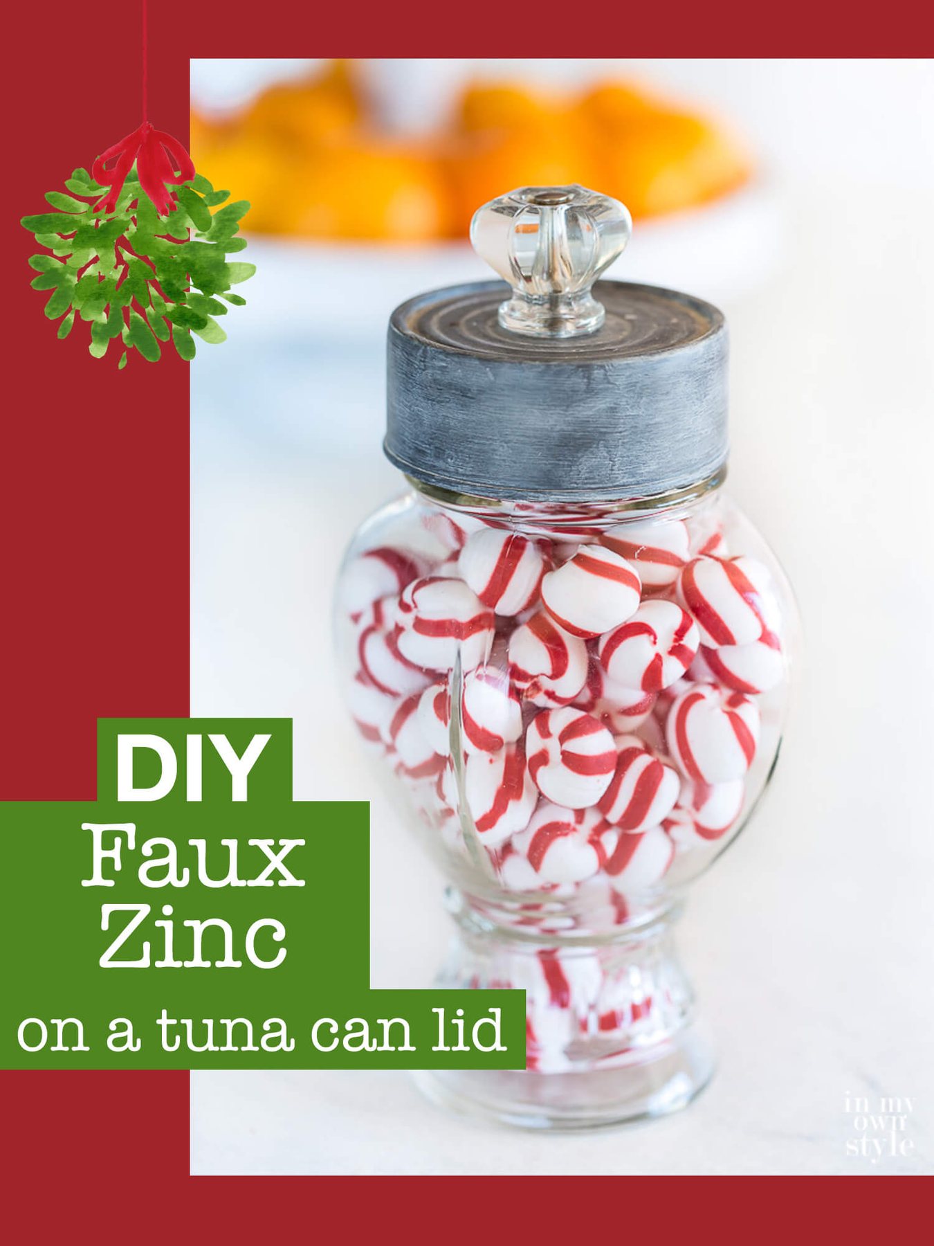 Glass canister jar with a top made using a tuna can painted with a faux Zinc finish. Text overlay says DIY Faux Zinc on a tuna can lid.