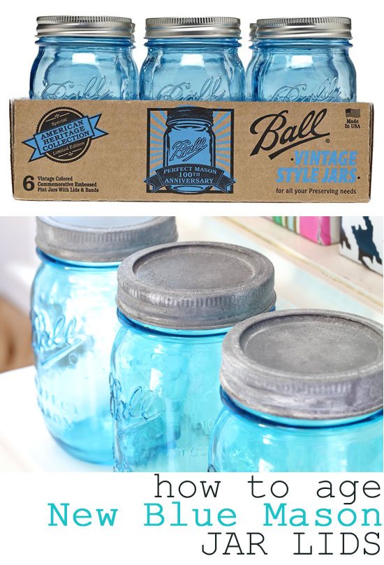 Check out this Mason jar tutorial that shows how to make new Mason jar lids look old or vintage. How to age new blue Mason jar lids with paint. Easy to do with craft paint. | Oducu