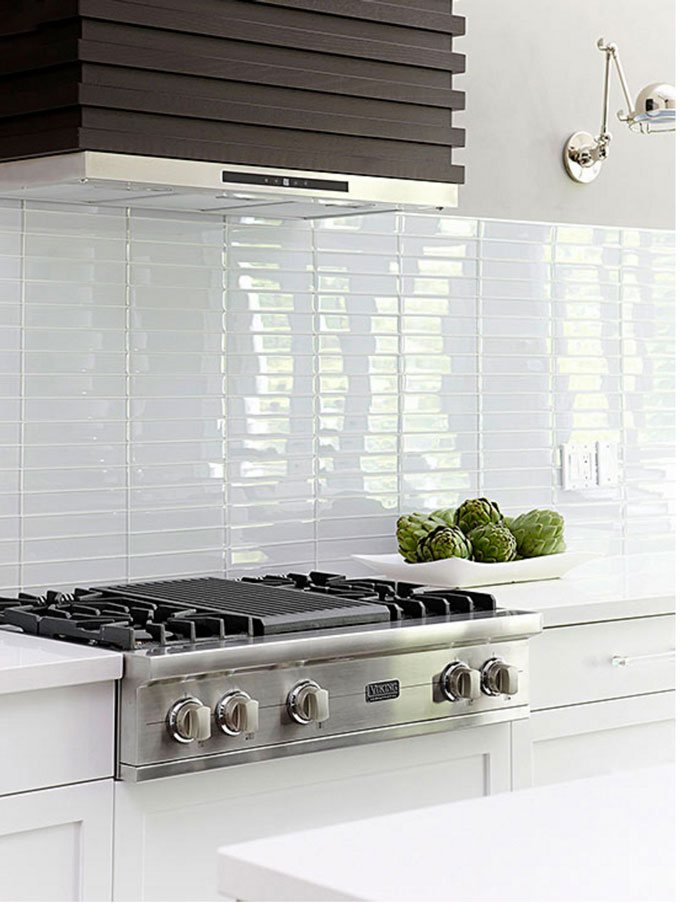 White glass tile backsplash
