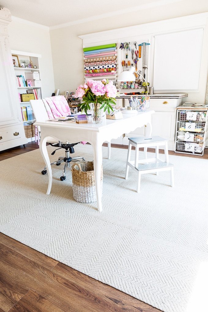 FLOR modular rug tiles used in a craft room