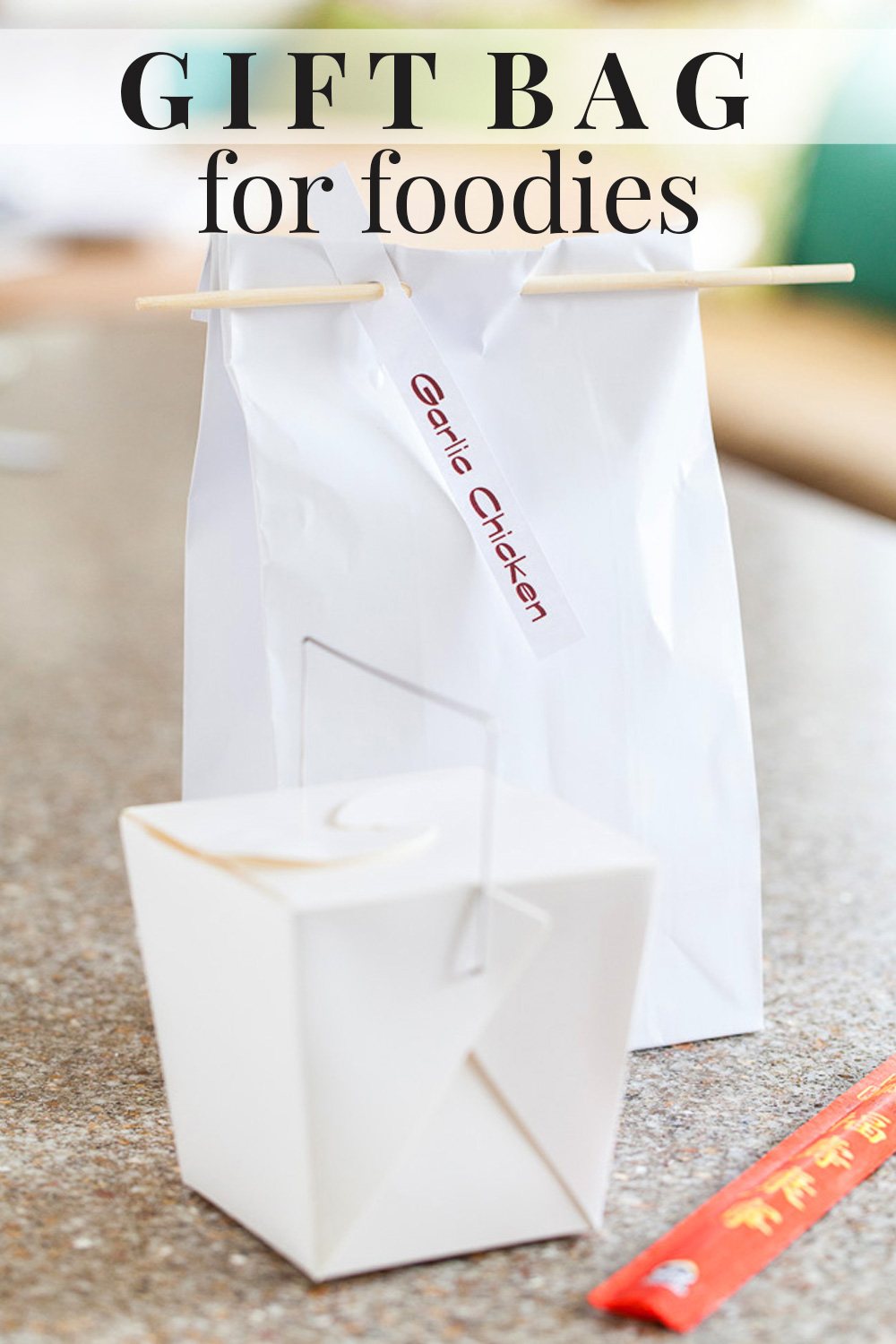 Image of a Chinese take out box and a white lunch bag with a chop stick closure on it. Gift Bag for foodies