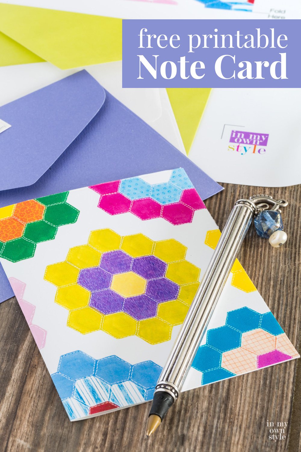 Free printable note card of a colorful quilt block design of grandmother's garden.