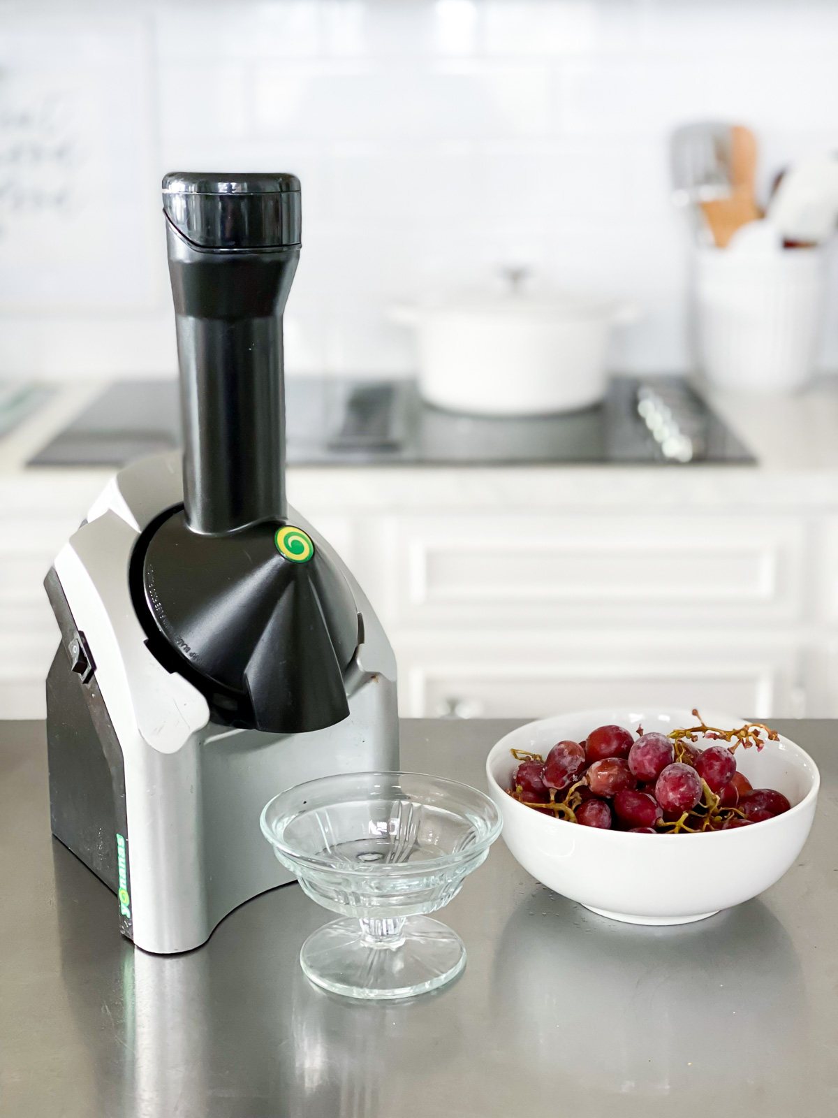 Yonanas Frozen fruit maker on kitchen counter.