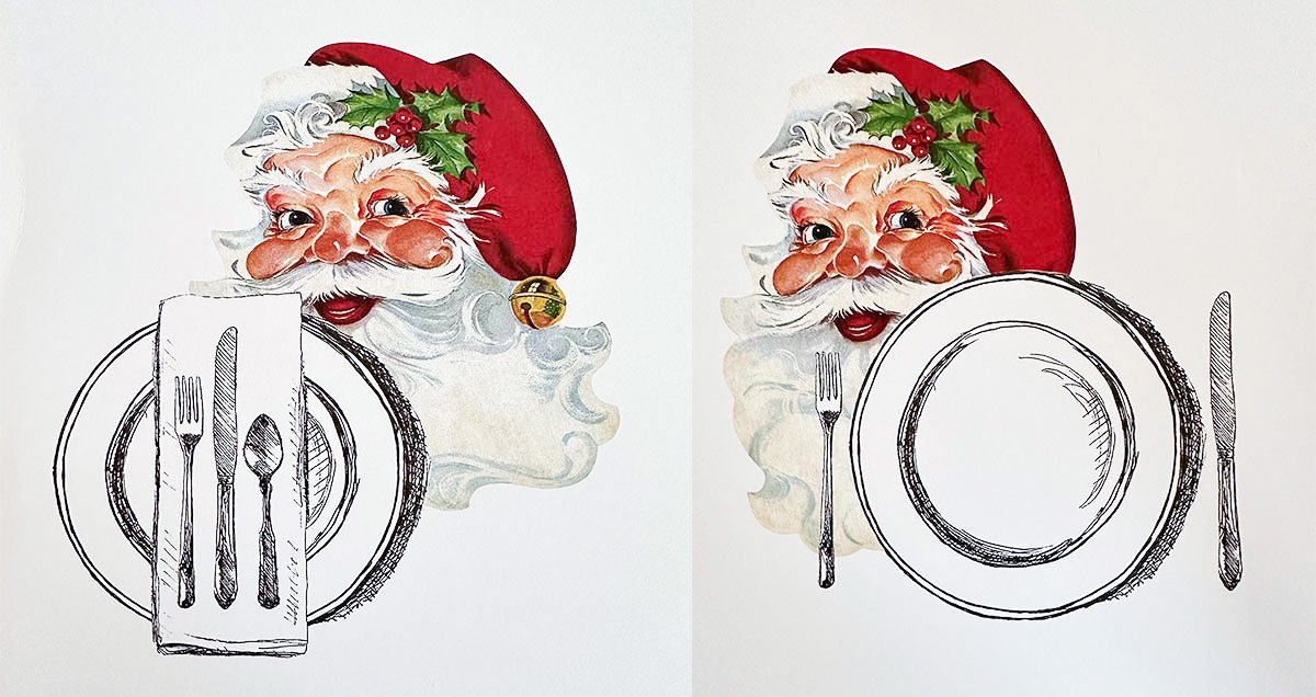 Two different plate placement and styling ideas when using Hester & Cooks Santa placemats.