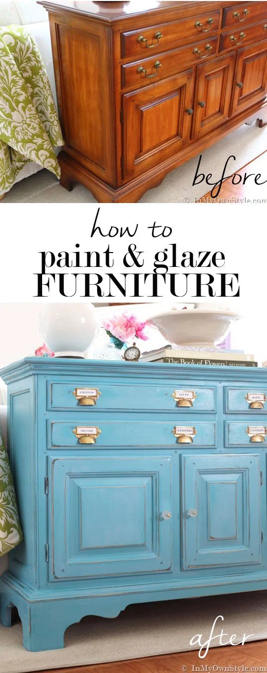 Add more depth to a painted finish on furniture with glaze. It is so easy to do. I used white over turquoise paint to do this furniture makeover