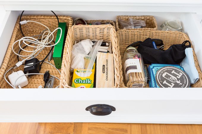 Organizing a drawer with small baskets