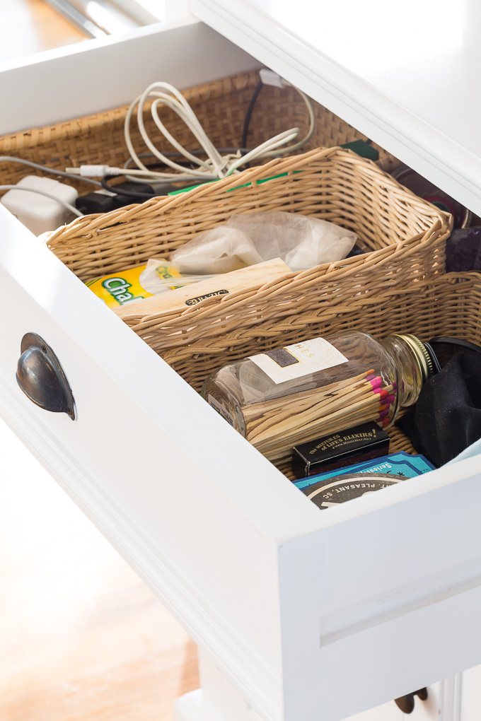 Idea on how to organize contents of drawer in buffet that is under a wall mounted TV.