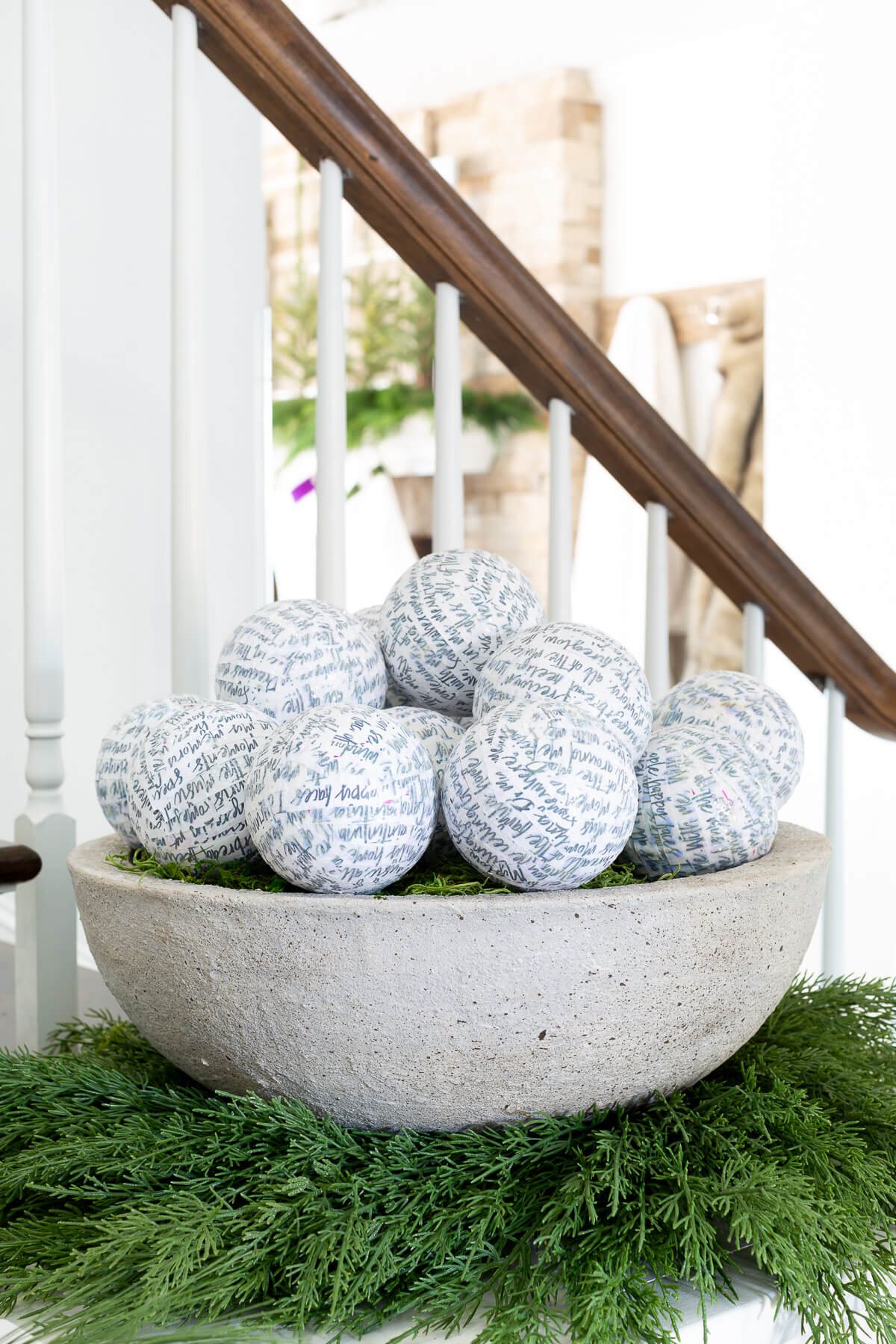 Large bowl filled with ball ornaments