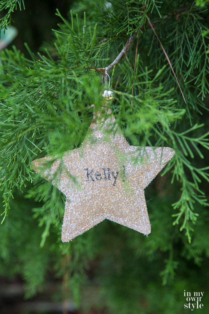 Glittered paper star Christmas ornament hanging on tree.