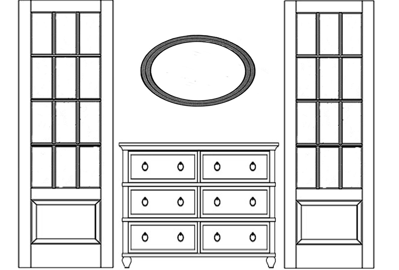 Proper way to hang an oval mirror over a piece of furniture.