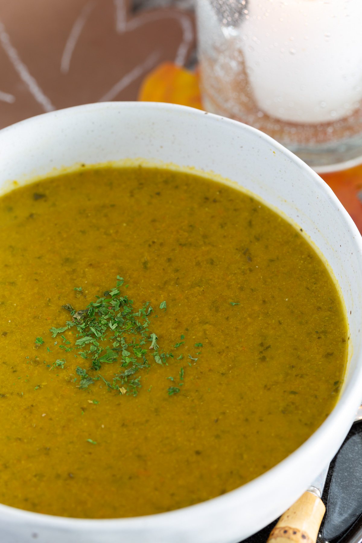 close up image of healthy fall soup that is vegan and SOS free.