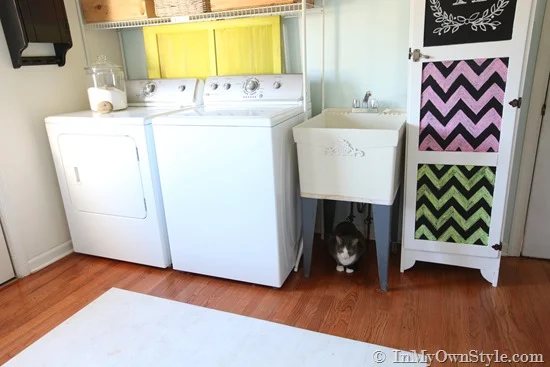 Laundry room shown with laundry sink or as some may call it a utility sink or tub. Grey cat under sink. Cat litter box ideas hidden DIY