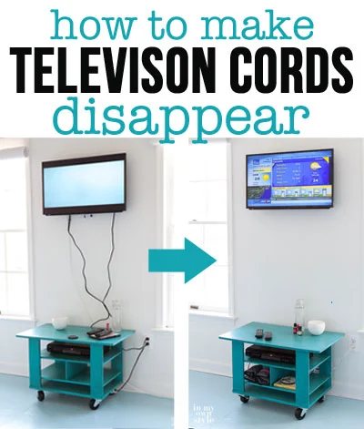 Image graphic showingTV wires showing before and after TV cord hiding kit was installed in the wall.