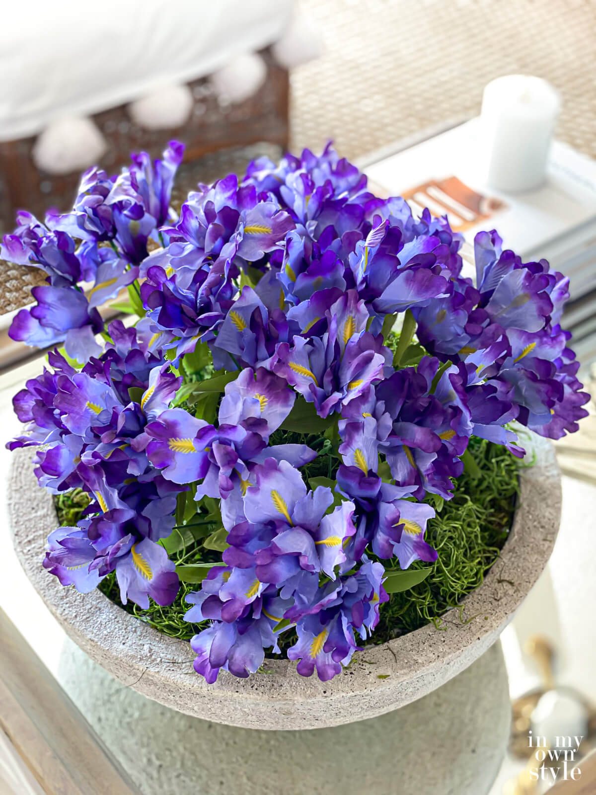Decorating with flowers using a low bowl planter.