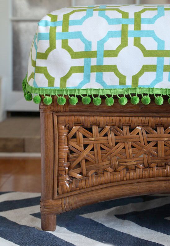 DIY green and teal cushion cover on rattan ottoman