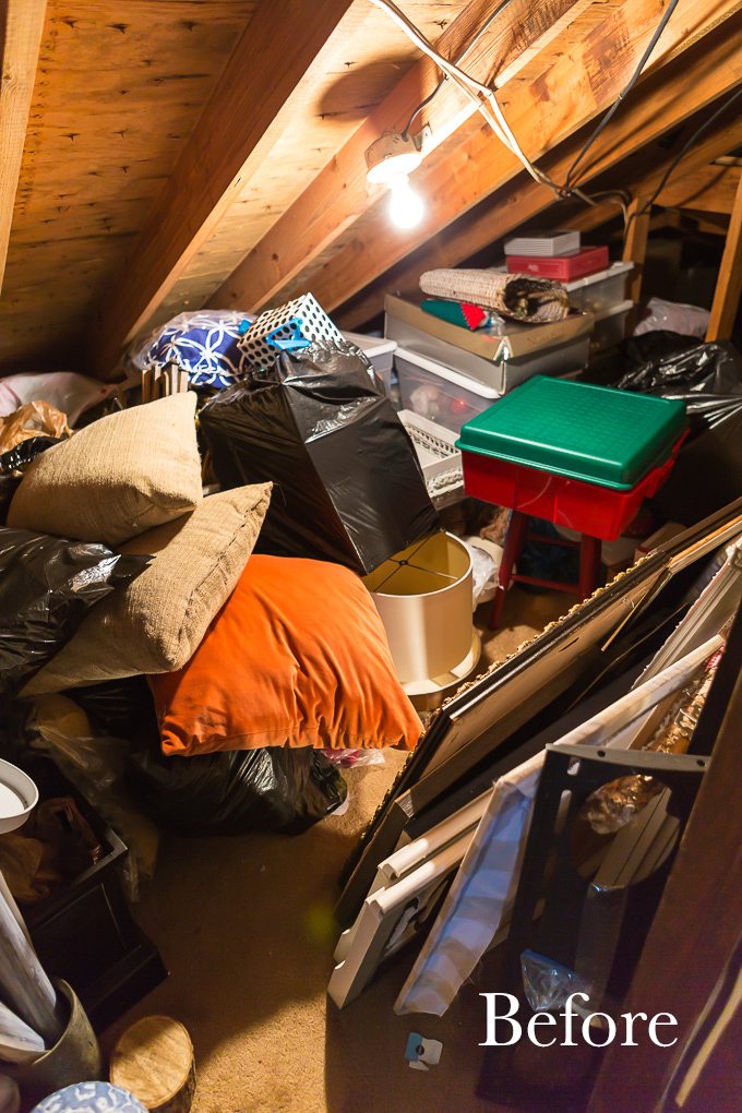 Messy and unorganized attic storage area