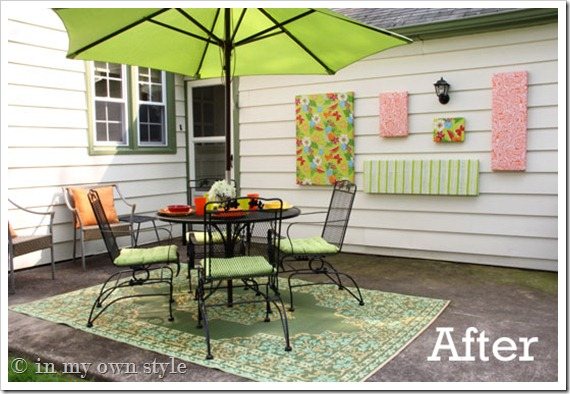 DIY Outdoor wall art on exterior wall of house along patio