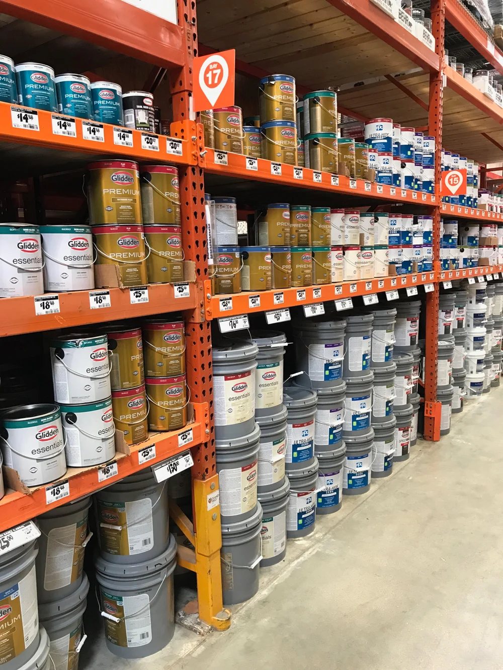 The exterior paint aisle in a Home Depot