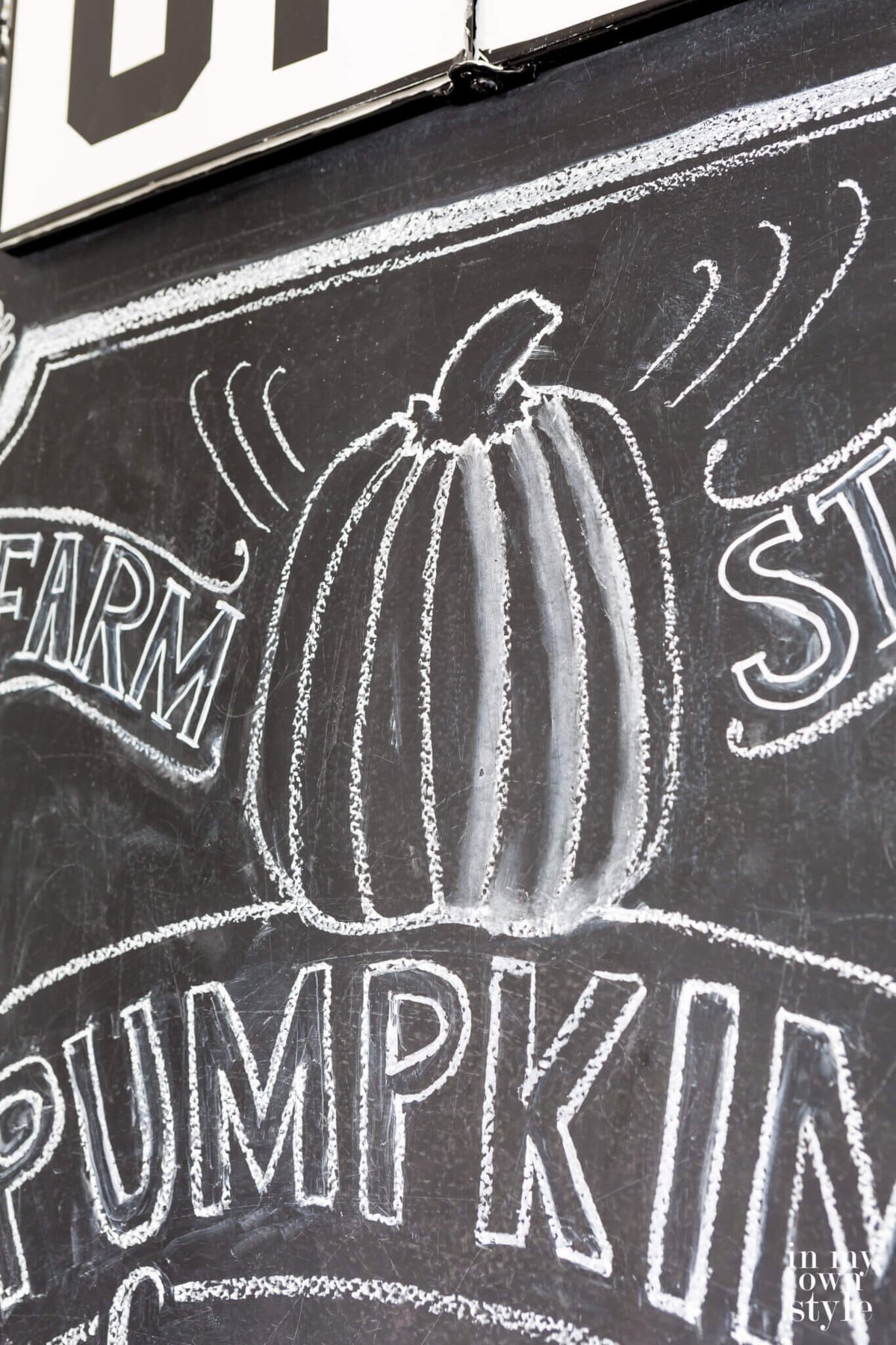 Close up of chalk lettering and pumpkin drawing on chalkboard wall.